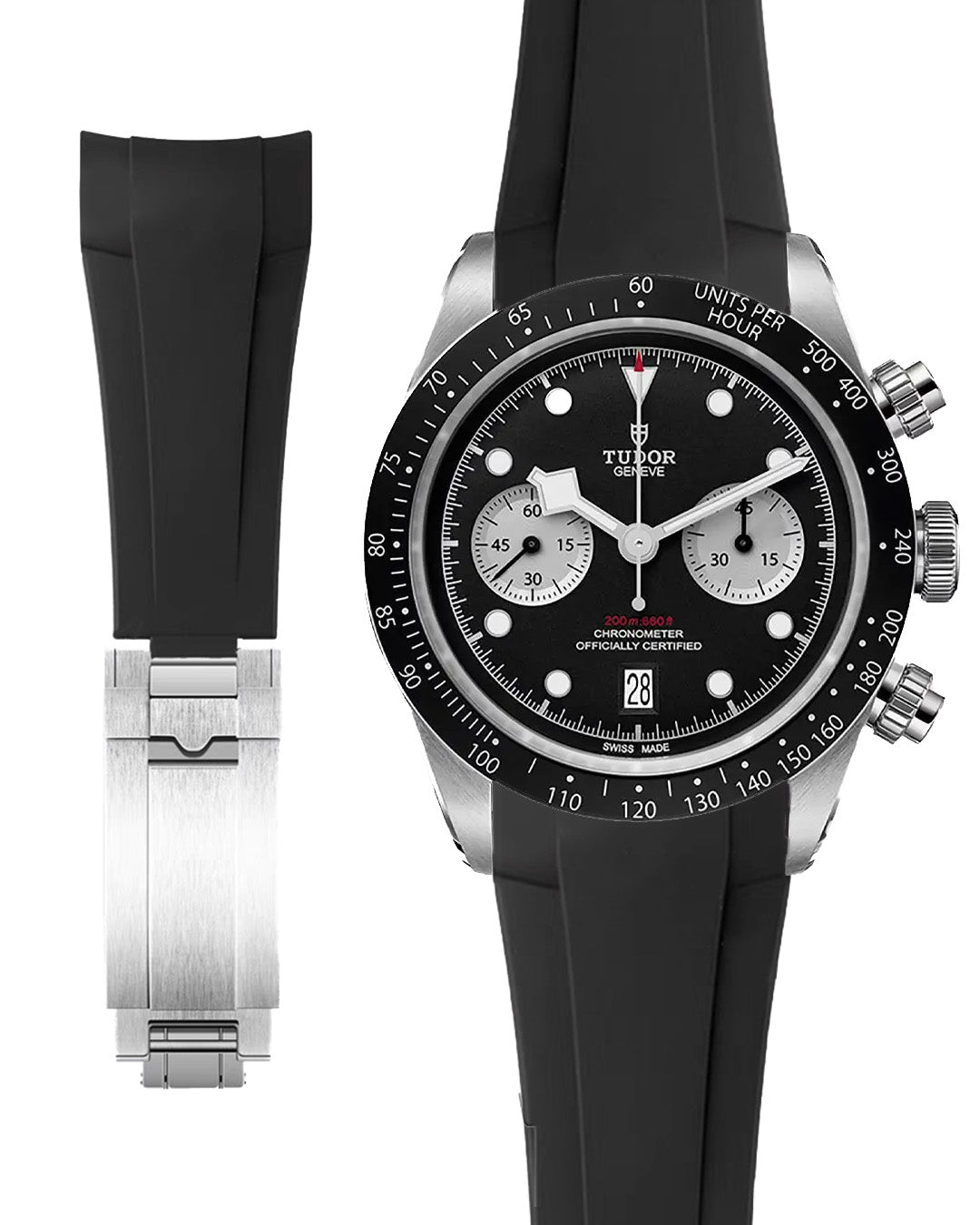 (LATEST!) FKM RUBBER- FOR TUDOR BLACK BAY AND CHRONOGRAPH (T-FIT CLASP) BLACK