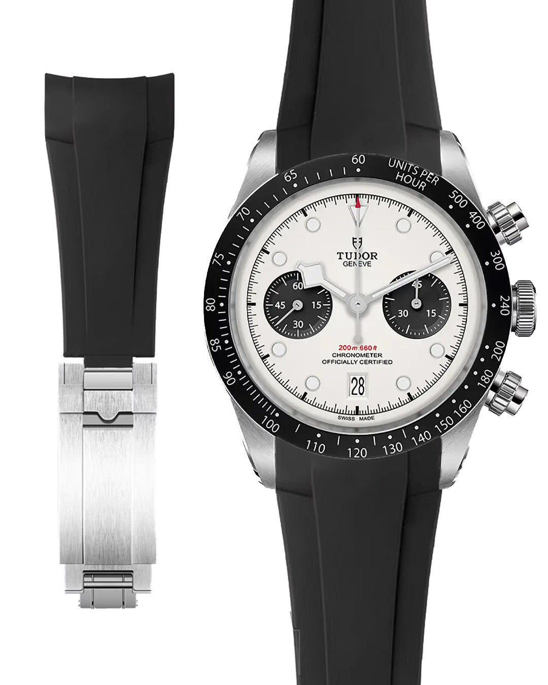 (LATEST!) FKM RUBBER- FOR TUDOR BLACK BAY AND CHRONOGRAPH (T-FIT CLASP) BLACK