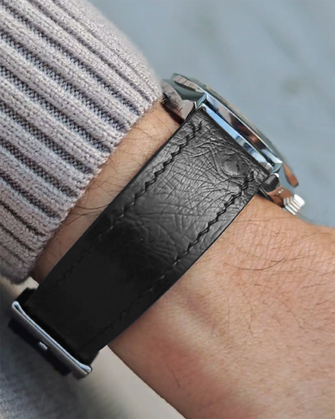 Ostrich Embossed Leather Strap (Black)