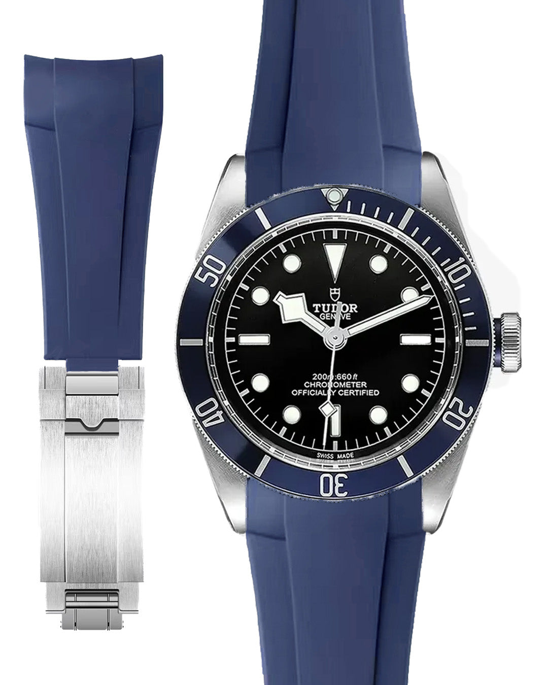 (LATEST!) FKM RUBBER- FOR TUDOR BLACK BAY AND CHRONOGRAPH (T-FIT CLASP) NAVY BLUE