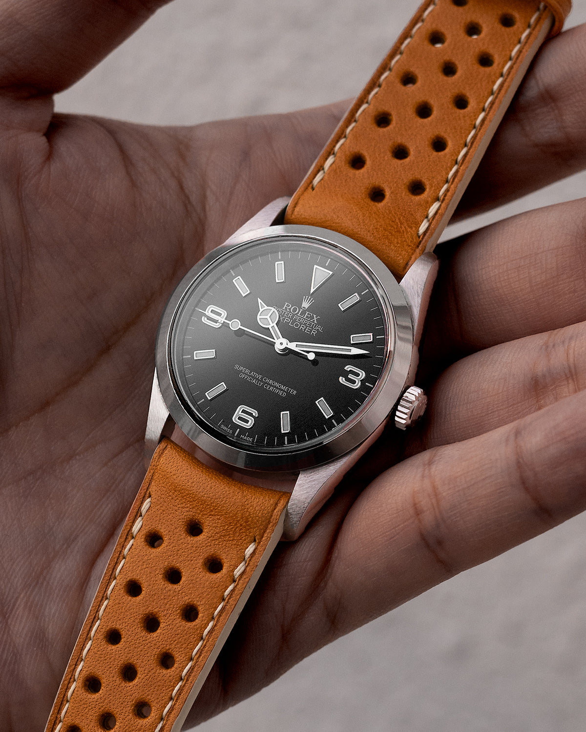 Rolex Explorer on our French calfskin leather handcrafted rally straps