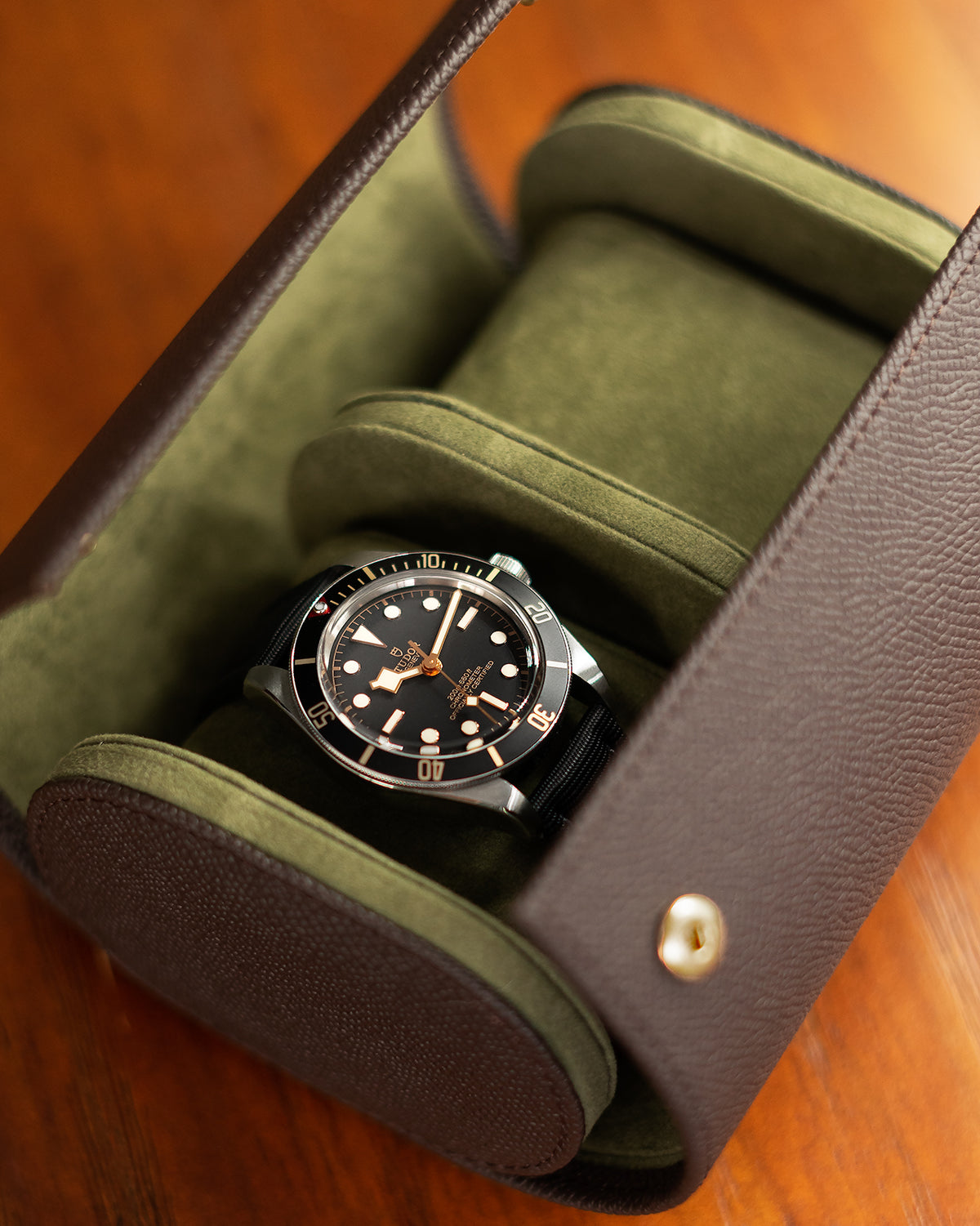 Epsom Leather Two Watch Roll (Dark Brown)